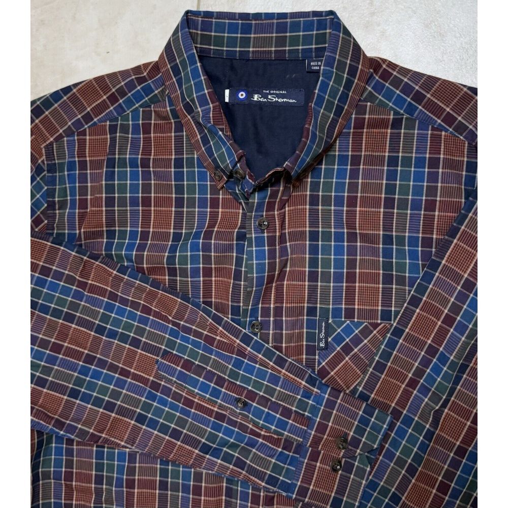 Ben Sherman Shirt Men's Long Sleeve Button Down Size Large Rust & Blue Plaid